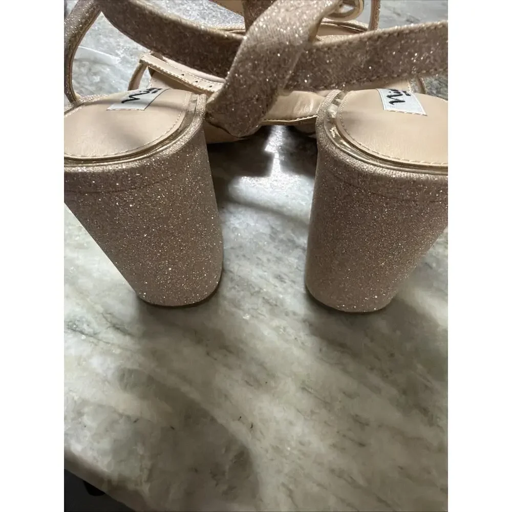 Nina SHELIA NUDE GLITTER NET BLOCK-HEEL PLATFORM SANDALS ANKLE-STRAP 7.5 SRS2